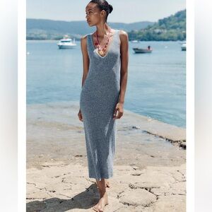 Zara Knit Blue V-Neck Midi Dress Size Medium